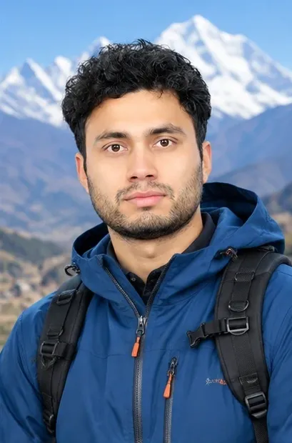 Prakash Nepali in front of the Himalayas